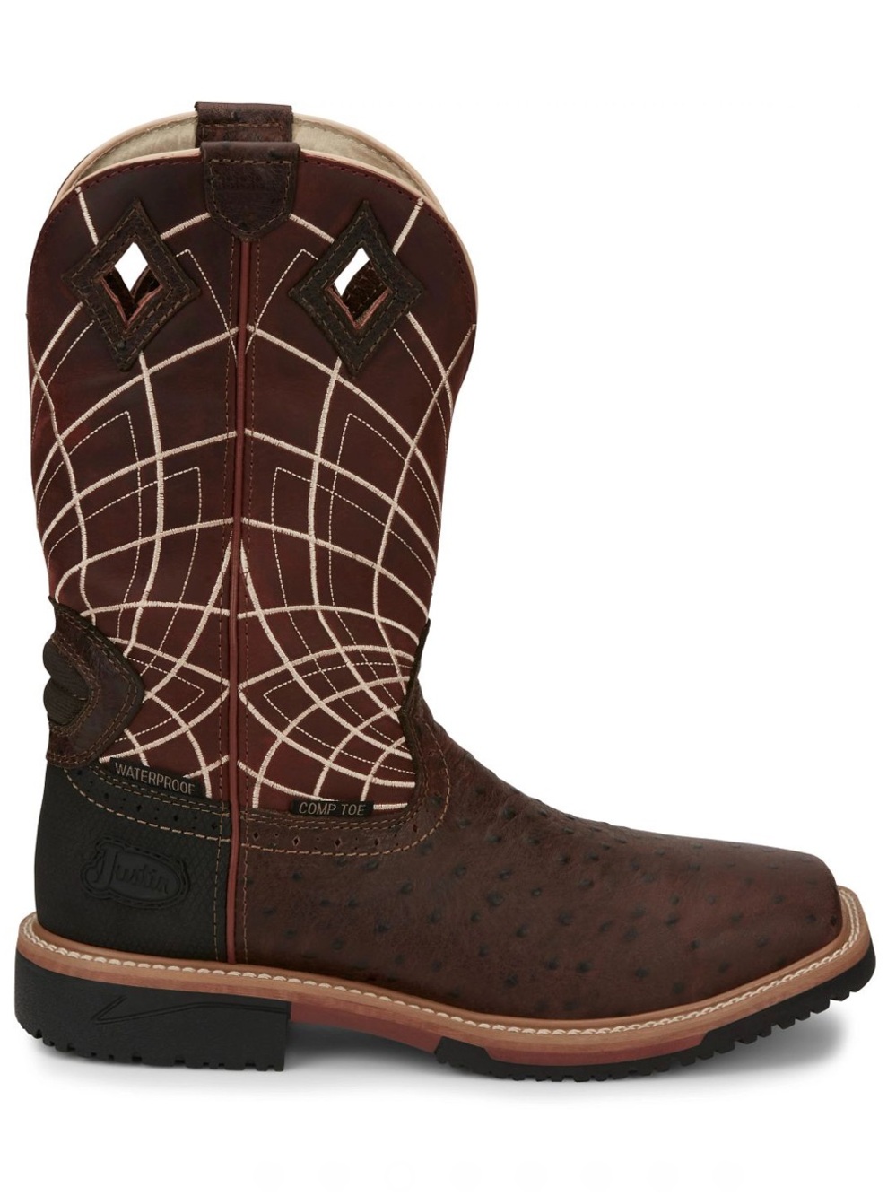 Justin Derrickman 12” Waterproof Comp Walnut Ostrich Print Mens size 9.5 NEW!!!